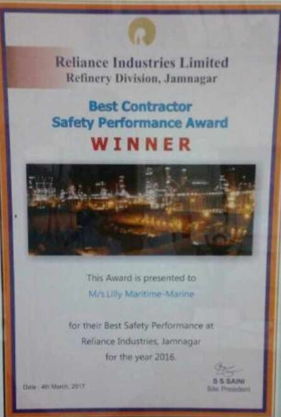 Best Contractor Safety Performance Award - WINNER